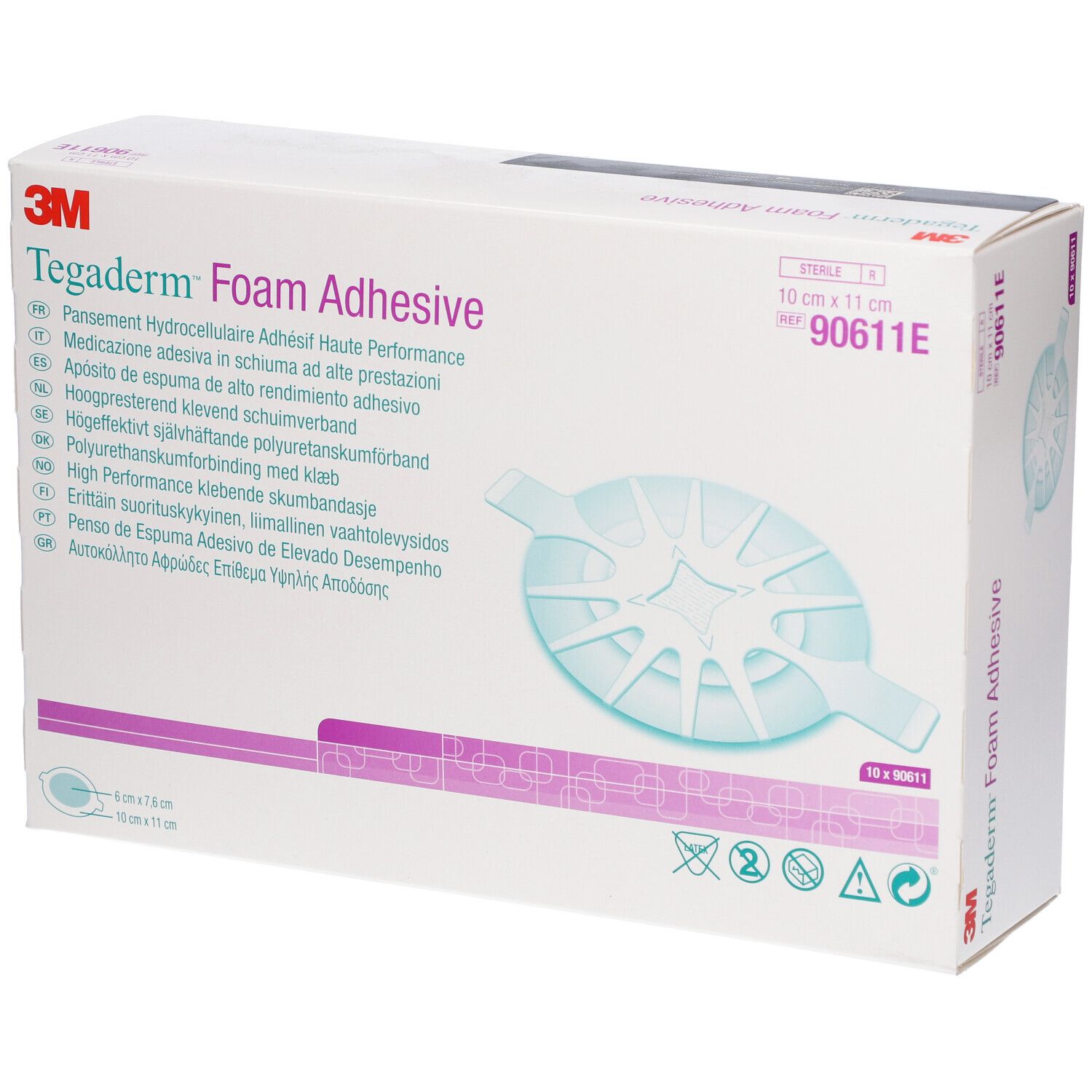 Verpackung von 3M Tegaderm Foam Adhesive. Enthält 10 Stück. Größe: 10 cm x 11 cm. Produktname und Marke deutlich sichtbar.
