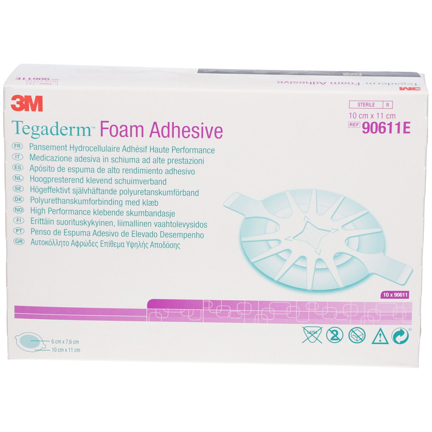Verpackung von 3M Tegaderm Foam Adhesive. Größe: 10 cm x 11 cm. Produktname und Marke deutlich sichtbar. Box mit 10 Stück.