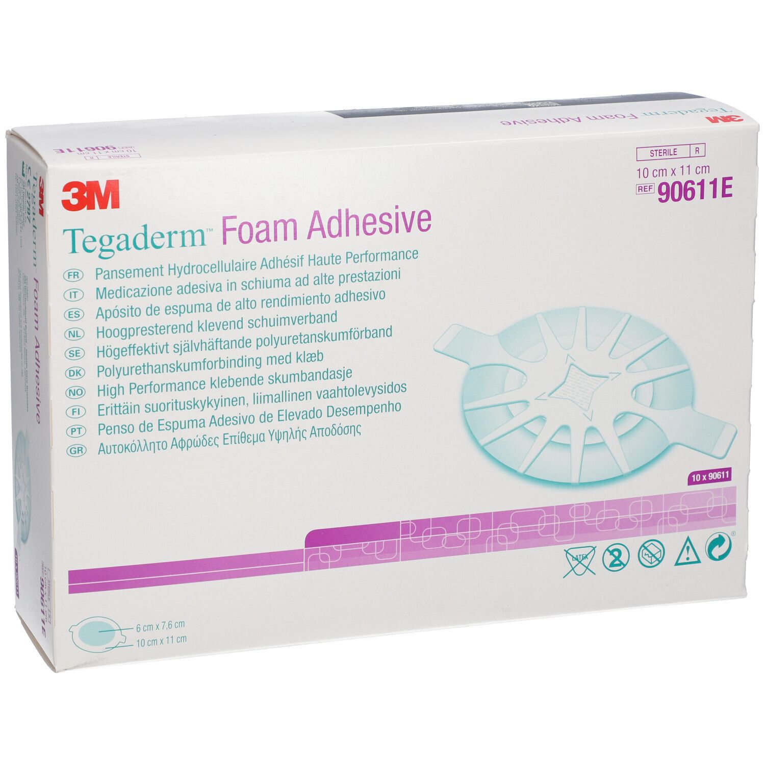 Verpackung von 3M Tegaderm Foam Adhesive. Größe: 10 cm x 11 cm. Produktname und Marke deutlich sichtbar. Box mit 10 Stück.