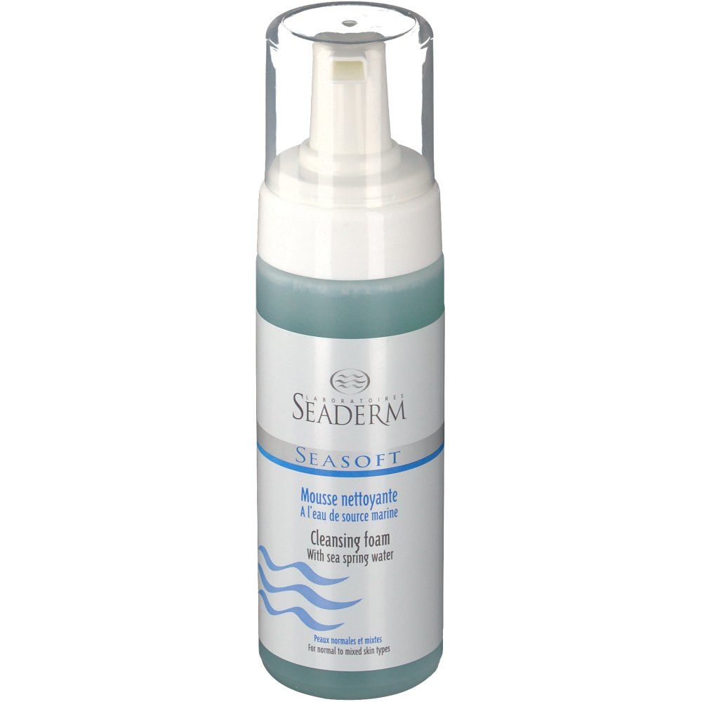 Reinigungsschaum-Flasche mit weißem Pumpkopf und transparentem Deckel. Blaue Flüssigkeit sichtbar. Text: SEADERM, SEASOFT, Mousse nettoyante.