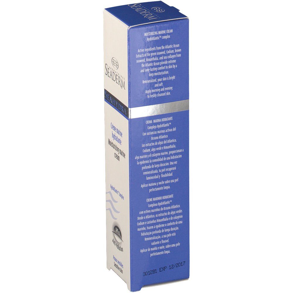 Kartonverpackung mit Produktinformationen. Text: Active ingredients from the Atlantic Ocean. Blaue und weiße Farbgebung. Detailansicht.