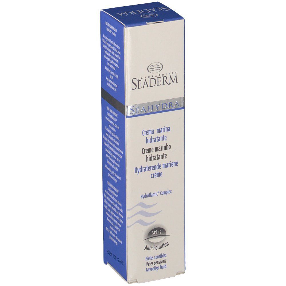 Kartonverpackung mit Produktnamen und Logo. Text: Crème marine hydratante, Creme marinho hidratante. Blaue und weiße Farbgebung.