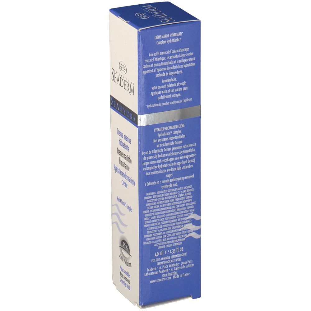 Kartonverpackung mit Produktinformationen. Text: Hydratante marine crème, Hydratante marine creme. Blaue und weiße Farbgebung. Detailansicht.