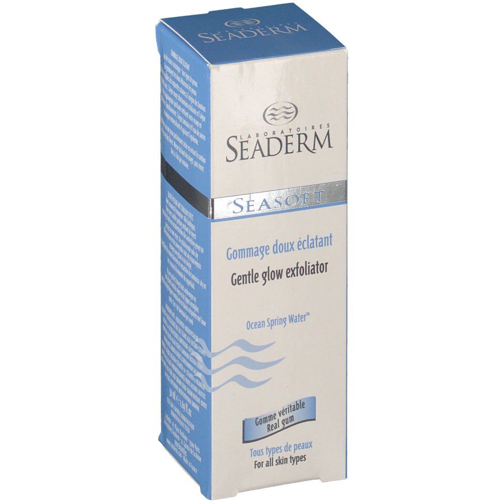 Boîte bleue et blanche. Inscriptions: Seaderm, Seasoft, Gommage doux éclatant, Gentle glow exfoliator. Graphique de vagues. Pour tous types de peaux.