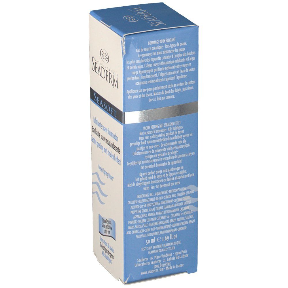 Vue latérale de l'emballage. Texte en plusieurs langues. Contient des informations sur l'utilisation, les ingrédients et le volume: 50 ml.