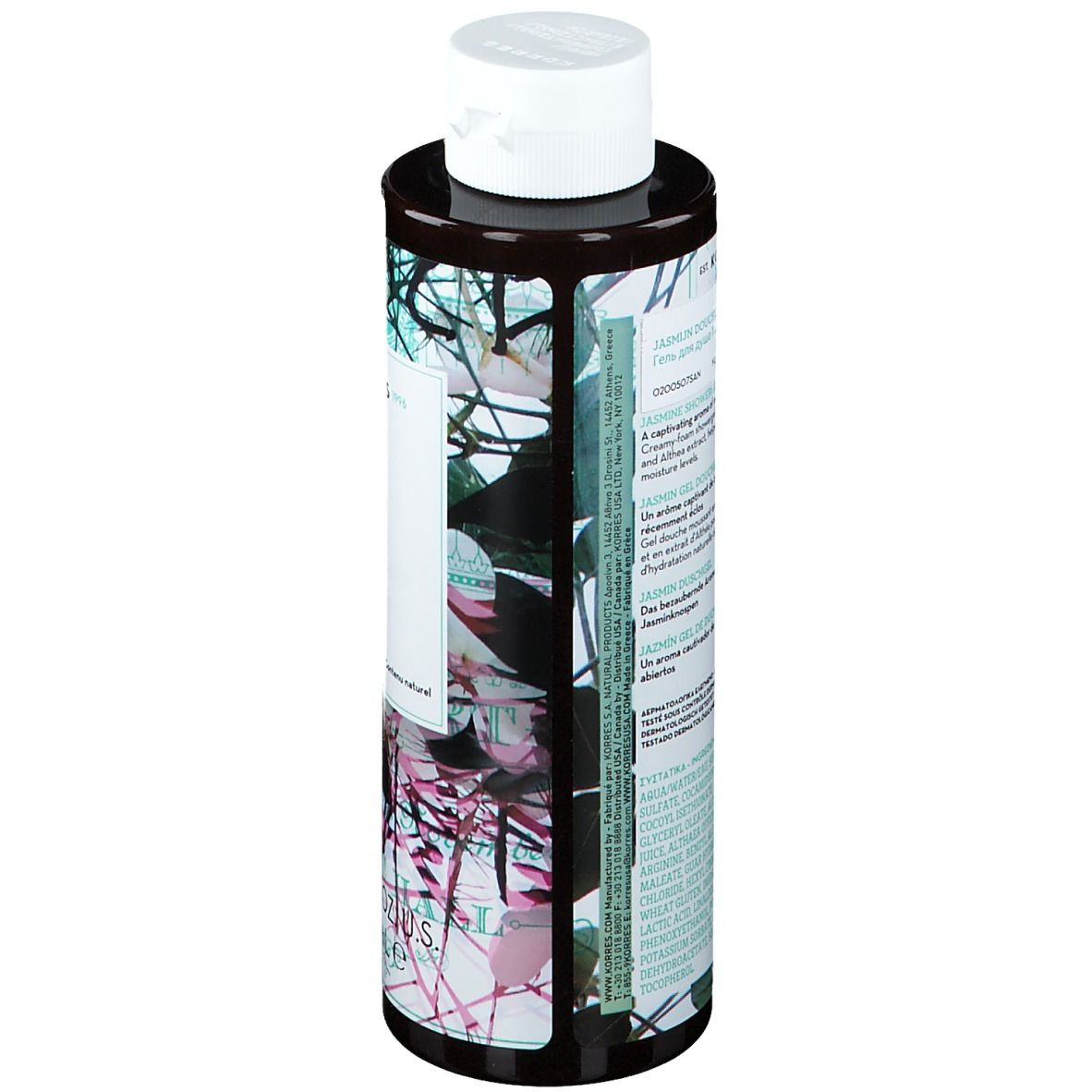 KORRES Duschgel Jasmine. Rückansicht der Flasche. Text auf Etikett mit Inhaltsstoffen und Produktinformationen. Weißer Deckel.