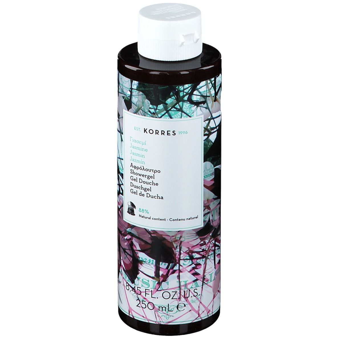 KORRES Duschgel Jasmine. Zylindrische Flasche mit weißem Deckel. Etikett mit Produktnamen und floralem Muster. 250 ml.