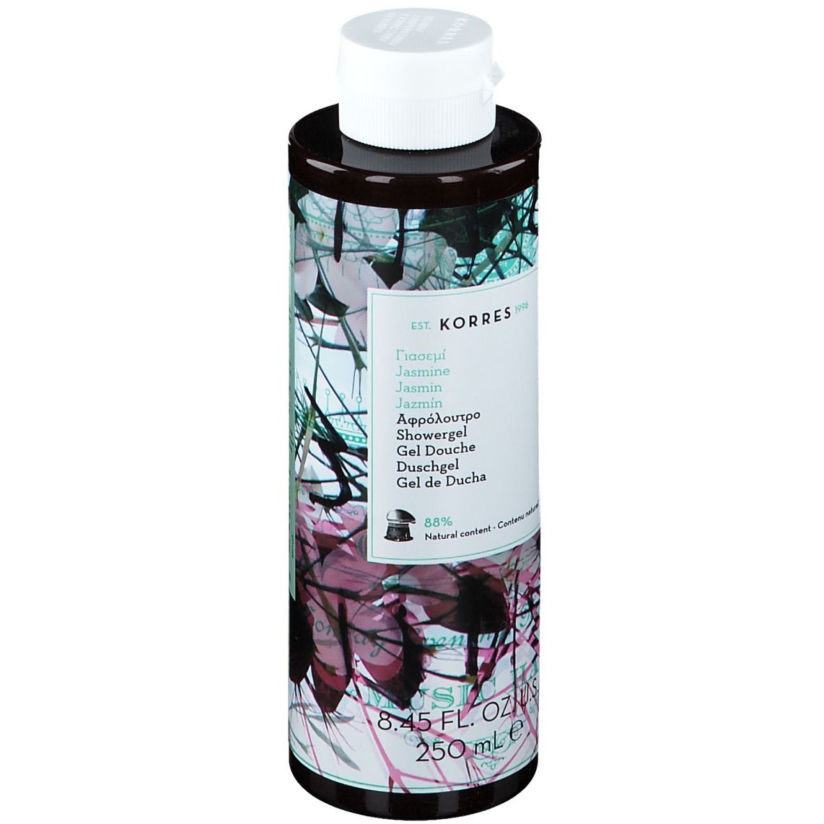 KORRES Duschgel Jasmine. Zylindrische Flasche mit weißem Deckel. Etikett mit Produktnamen und floralem Muster. 250 ml.