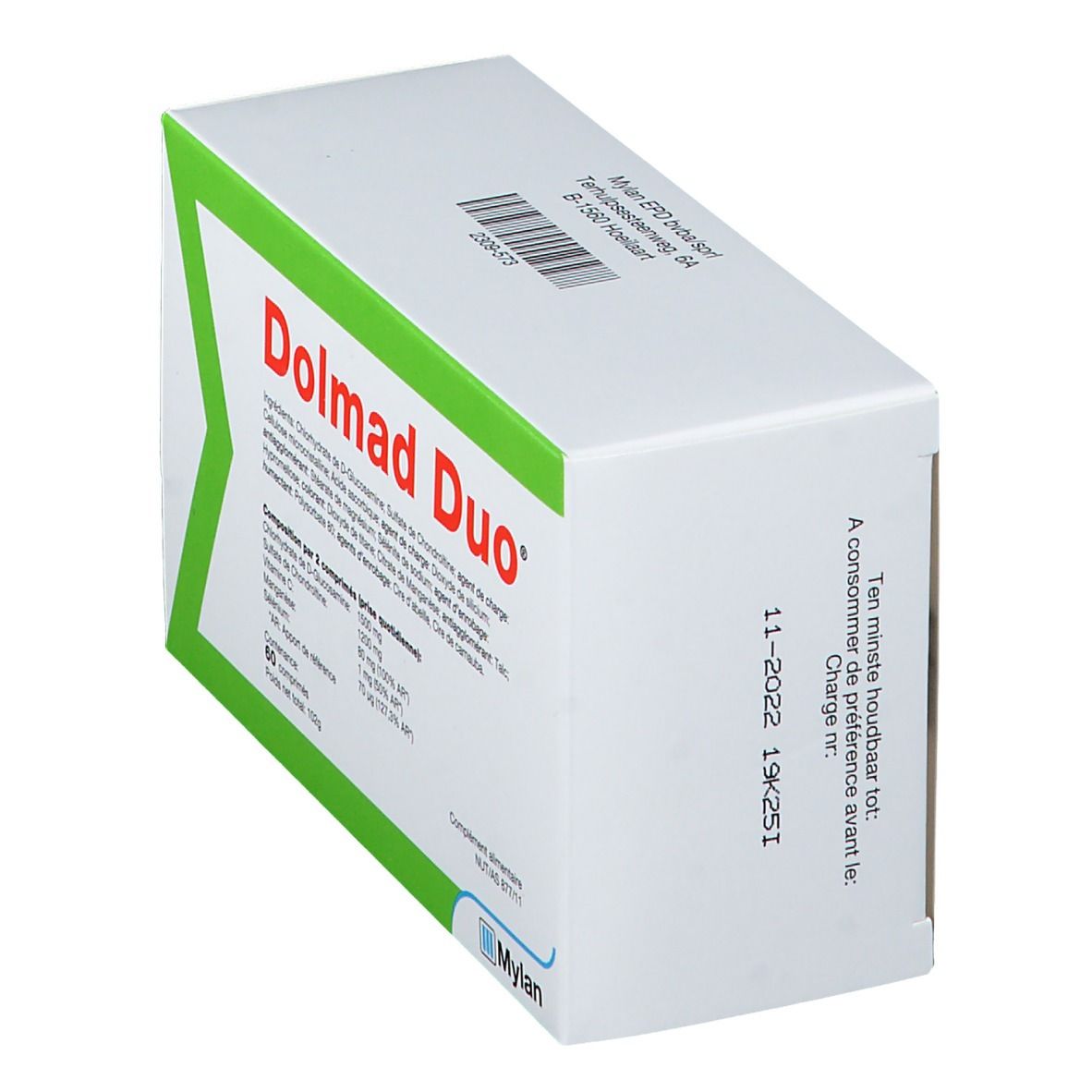 Boîte Dolmad Duo, blanche et verte, en biais. Date de péremption 11-2022. Ingrédients et informations nutritionnelles imprimés.