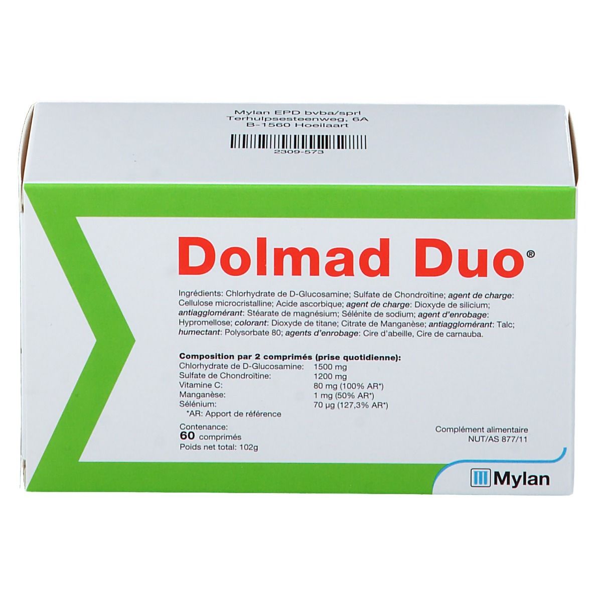 Boîte blanche et verte Dolmad Duo. Contient 60 comprimés. Ingrédients et informations nutritionnelles imprimés.