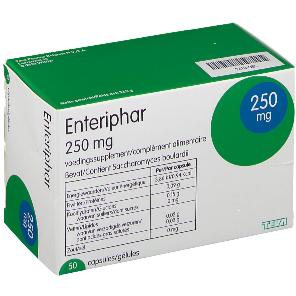 Schachtel Enteriphar 250 mg. Grün-weiß. Enthält 50 Kapseln. Teva-Logo. Nährwerttabelle.