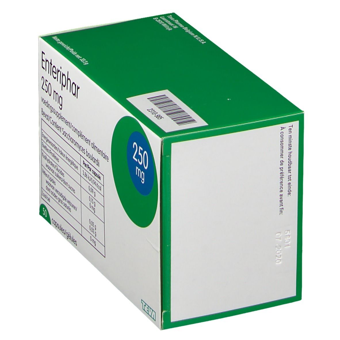 Schachtel Enteriphar 250 mg. Grün-weiß. Winkelansicht. Teva-Logo. Haltbarkeitsdatum.