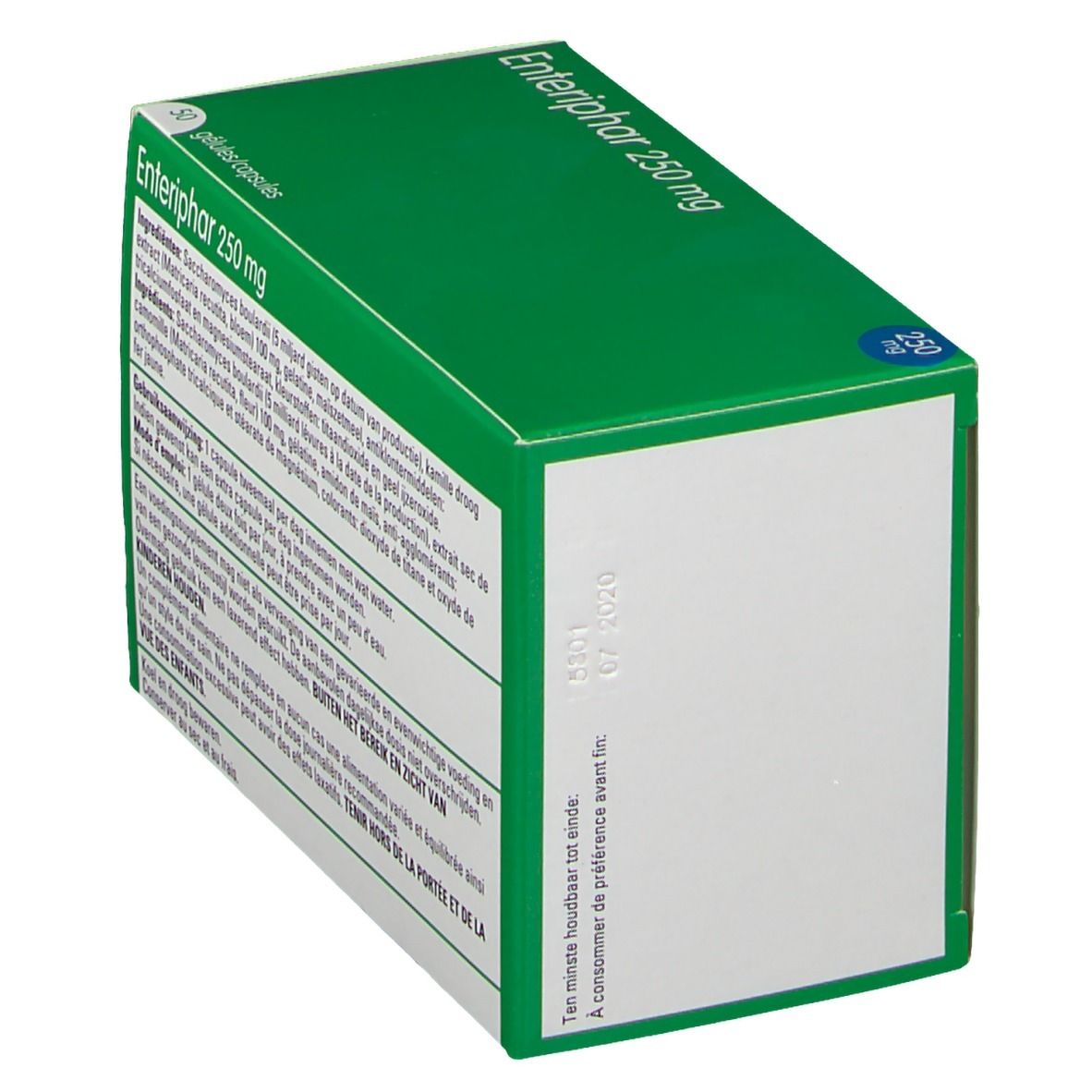 Schachtel Enteriphar 250 mg. Grün-weiß. Enthält 30 Kapseln. Teva-Logo. Haltbarkeitsdatum.