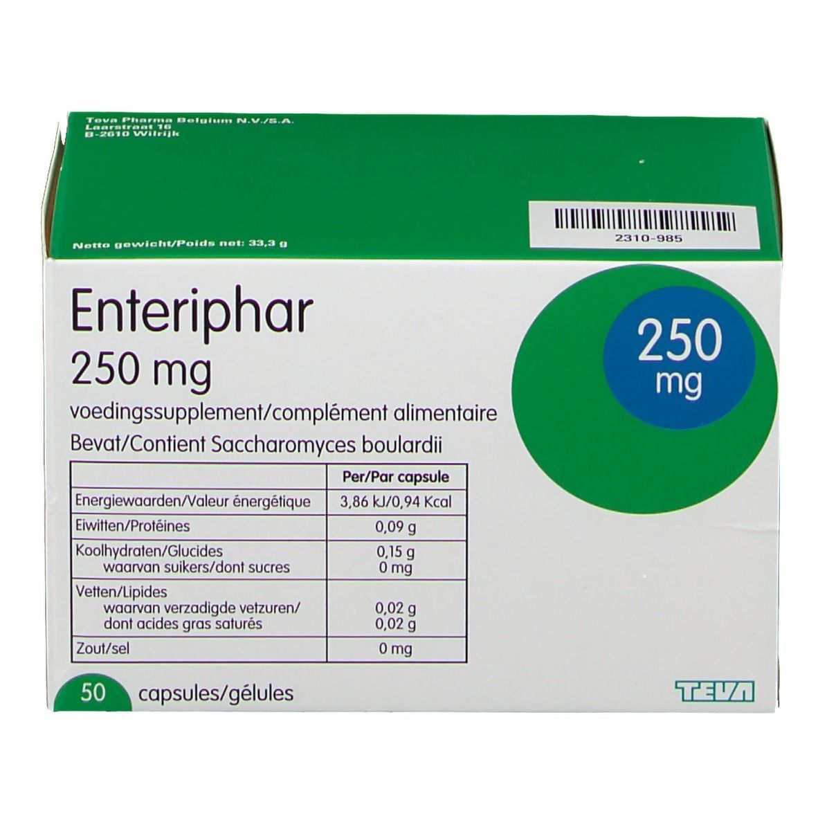 Schachtel Enteriphar 250 mg. Grün-weiß. Enthält 50 Kapseln. Teva-Logo. Nährwerttabelle.