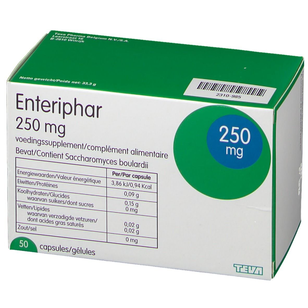 Schachtel Enteriphar 250 mg. Grün-weiß. Enthält 50 Kapseln. Teva-Logo. Nährwerttabelle.