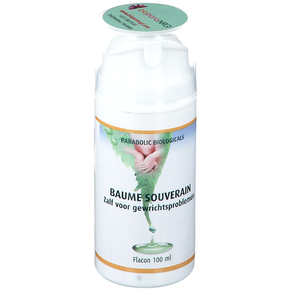 Weiße Flasche mit grünem Etikett. Aufschrift: Parabolic Biologicals, Baume Souverain. Deckel mit Logo.