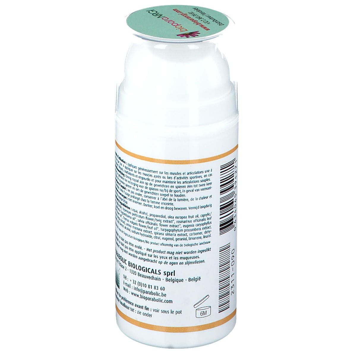 Weiße Flasche, schräge Seitenansicht. Text auf Etikett. Deckel mit Logo. Barcode.
