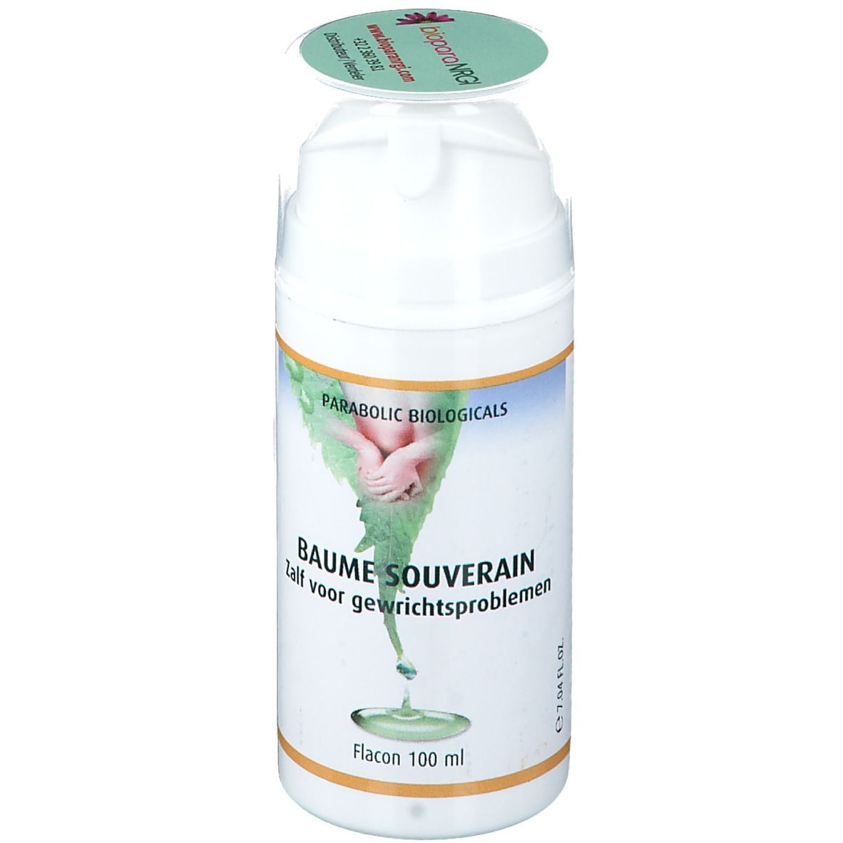 Weiße Flasche mit grünem Etikett. Aufschrift: Parabolic Biologicals, Baume Souverain. Deckel mit Logo.