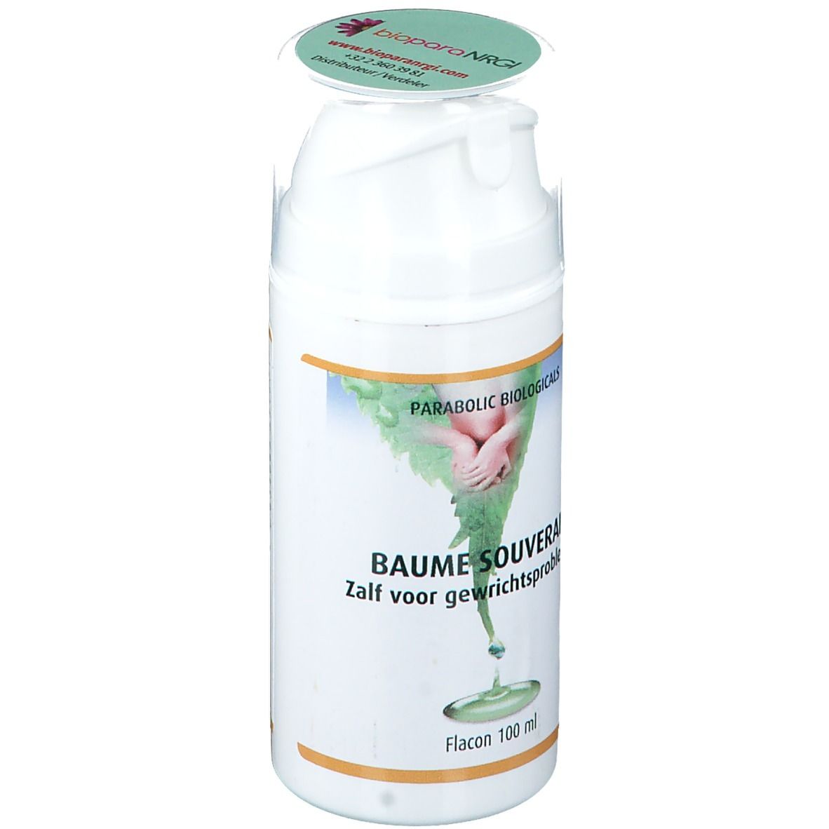 Weiße Flasche mit grünem Etikett. Aufschrift: Parabolic Biologicals, Baume Souverain. Deckel mit Logo.