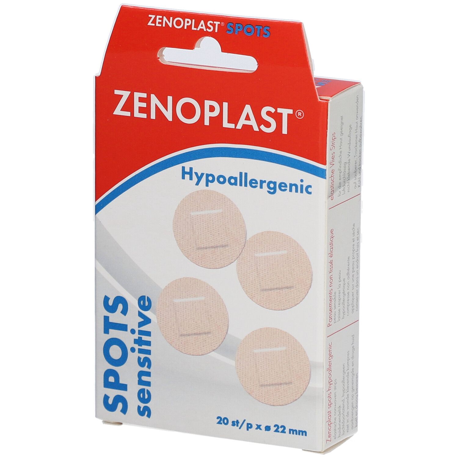 Verpackung mit Pflastern. Marke ZENOPLAST, Spots Sensitive. 20 Stück, 22 mm. Hypoallergen.