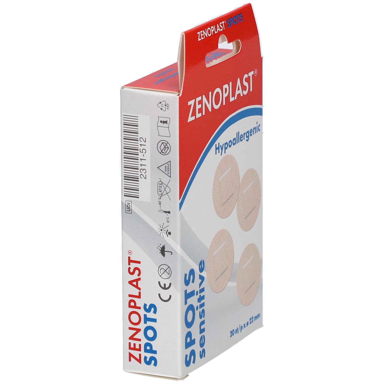 Verpackung mit Pflastern. Marke ZENOPLAST, Spots Sensitive. 20 Stück, 22 mm. Hypoallergen.