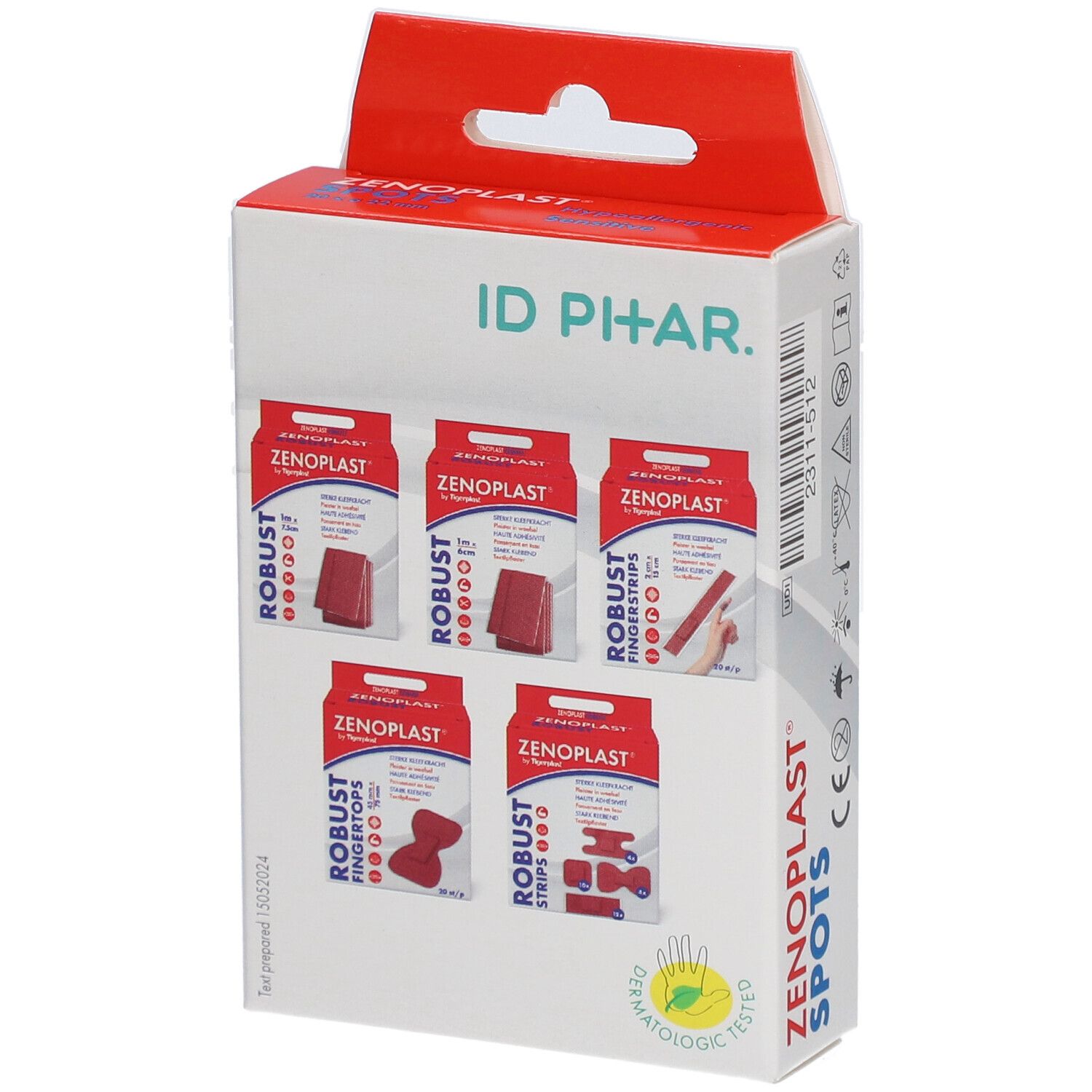 Verpackung mit verschiedenen Pflastern. Marke ID PIHAR, ZENOPLAST. Verschiedene Formen und Größen.