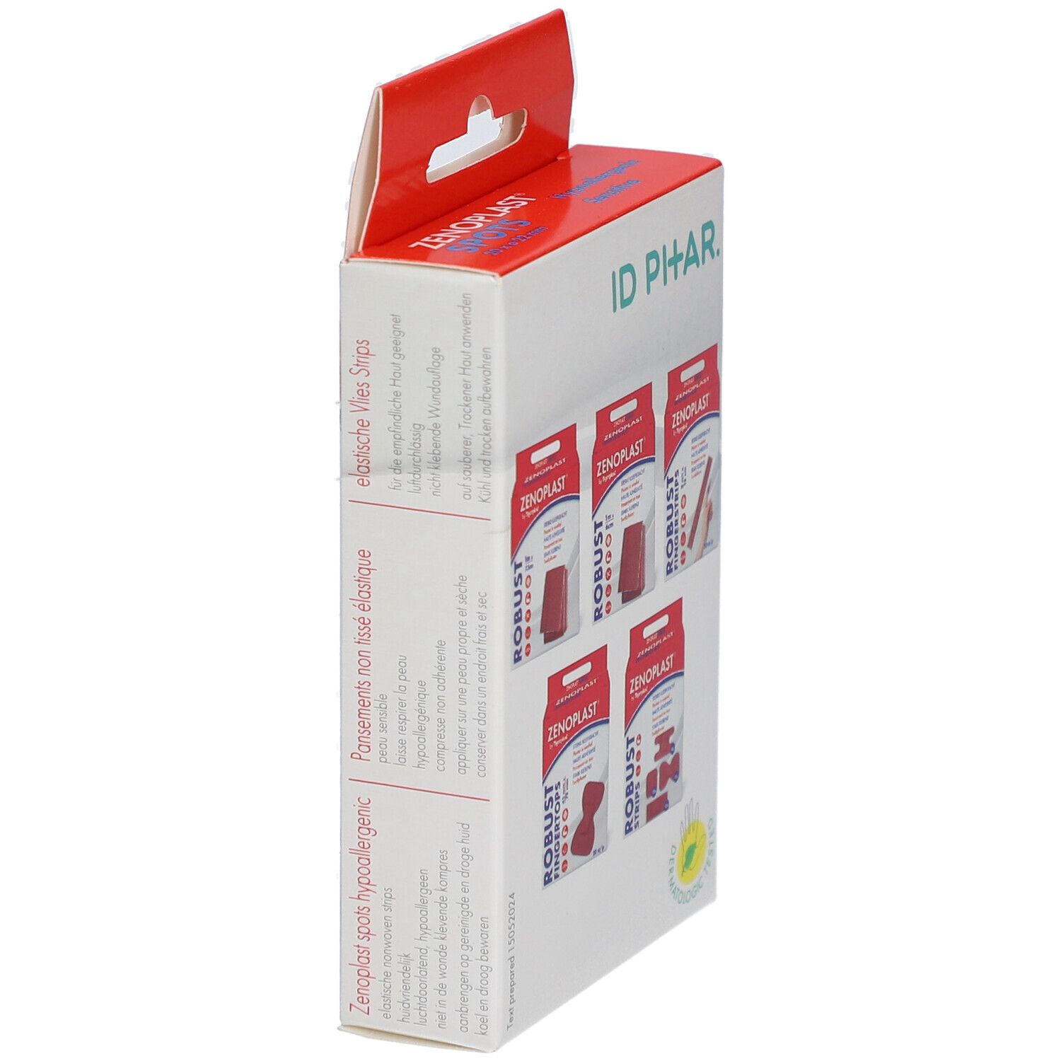 Verpackung mit Pflastern. Marke ID PIHAR, ZENOPLAST. Verschiedene Formen und Größen.