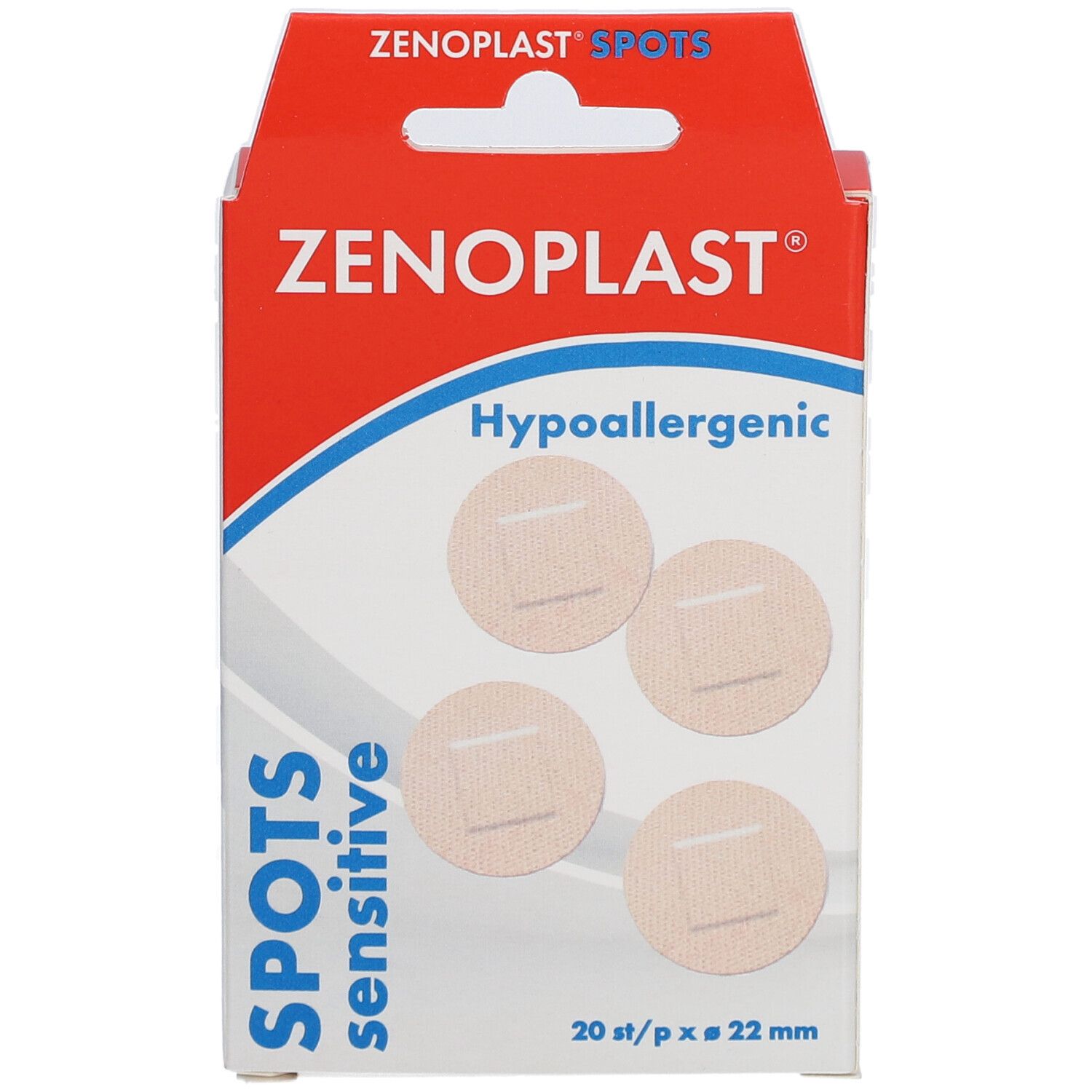 Verpackung mit Pflastern. Marke ZENOPLAST, Spots Sensitive. 20 Stück, 22 mm. Hypoallergen.
