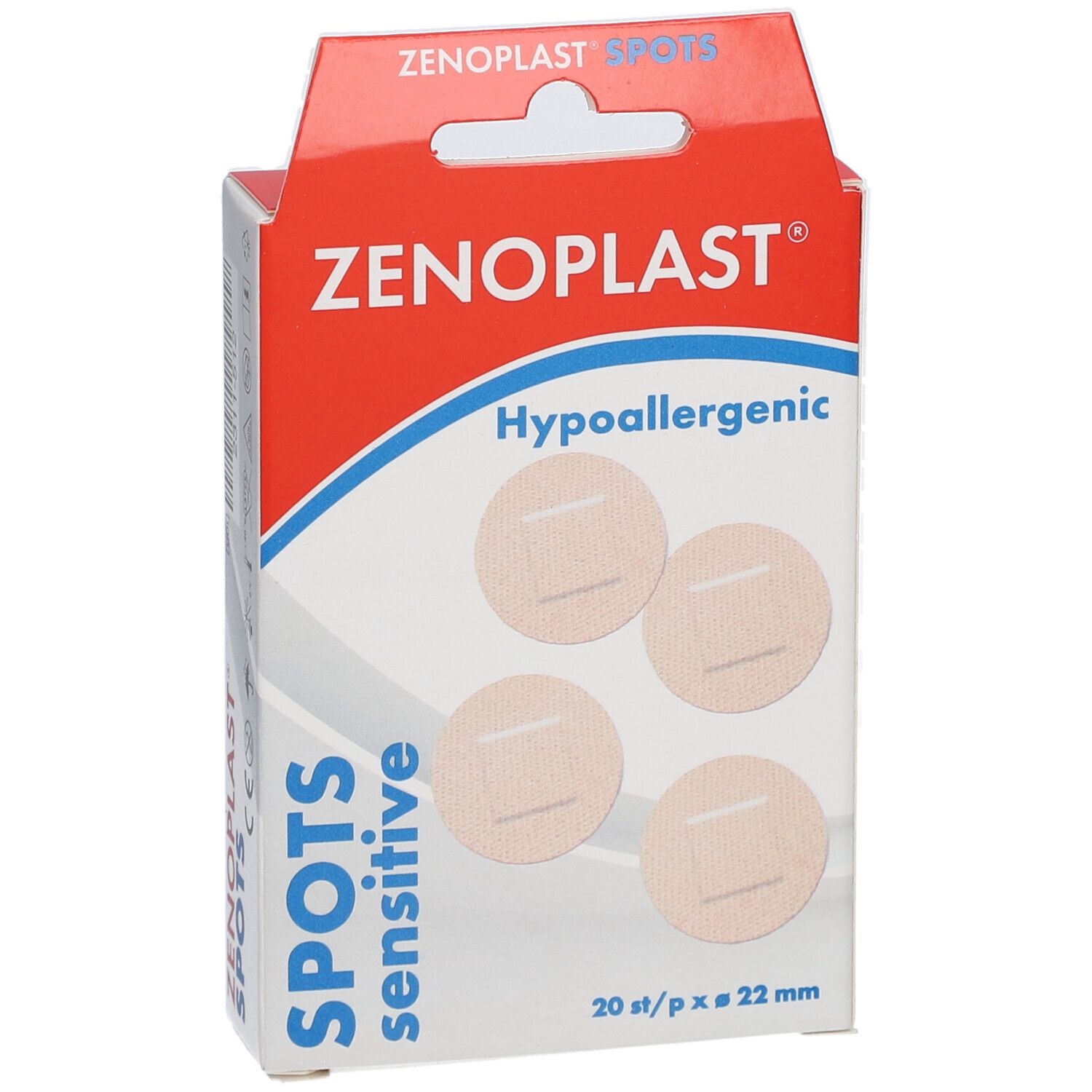 Verpackung mit Pflastern. Marke ZENOPLAST, Spots Sensitive. 20 Stück, 22 mm. Hypoallergen.
