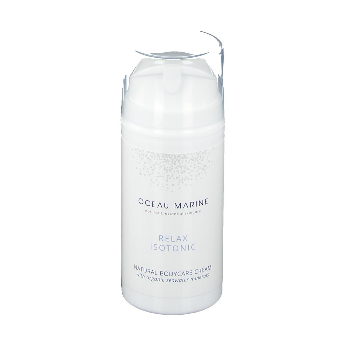 Weiße Flasche mit Pumpkopf. Aufschrift: oceau marine, Relax Isotonic, Natural Bodycare Cream. Transparente Kappe.