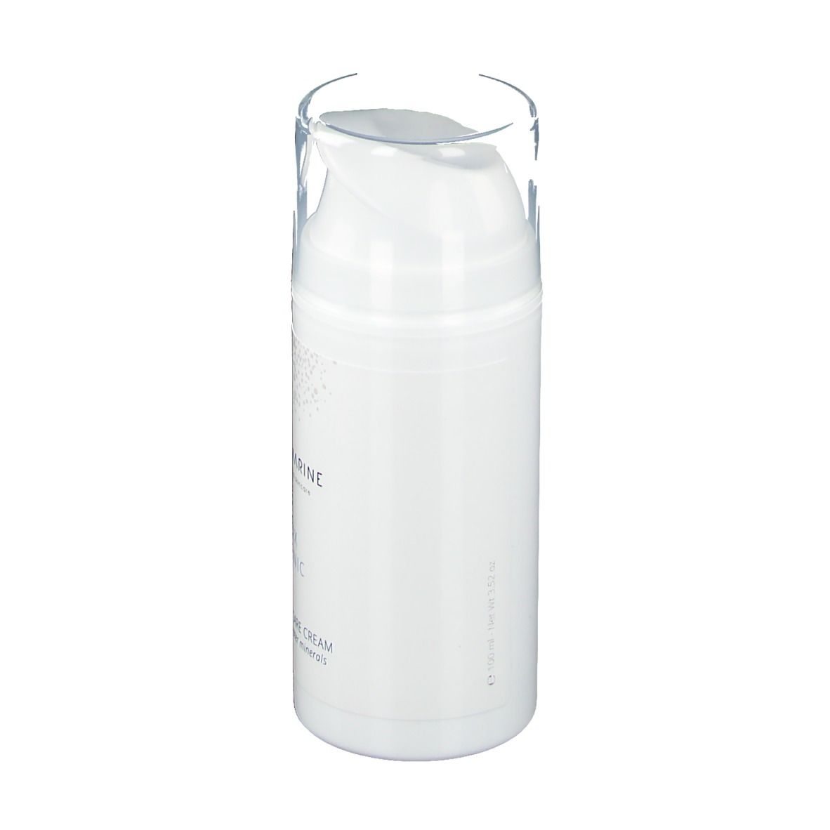 Weiße Flasche mit Pumpkopf und transparenter Kappe. Aufschrift nicht lesbar.
