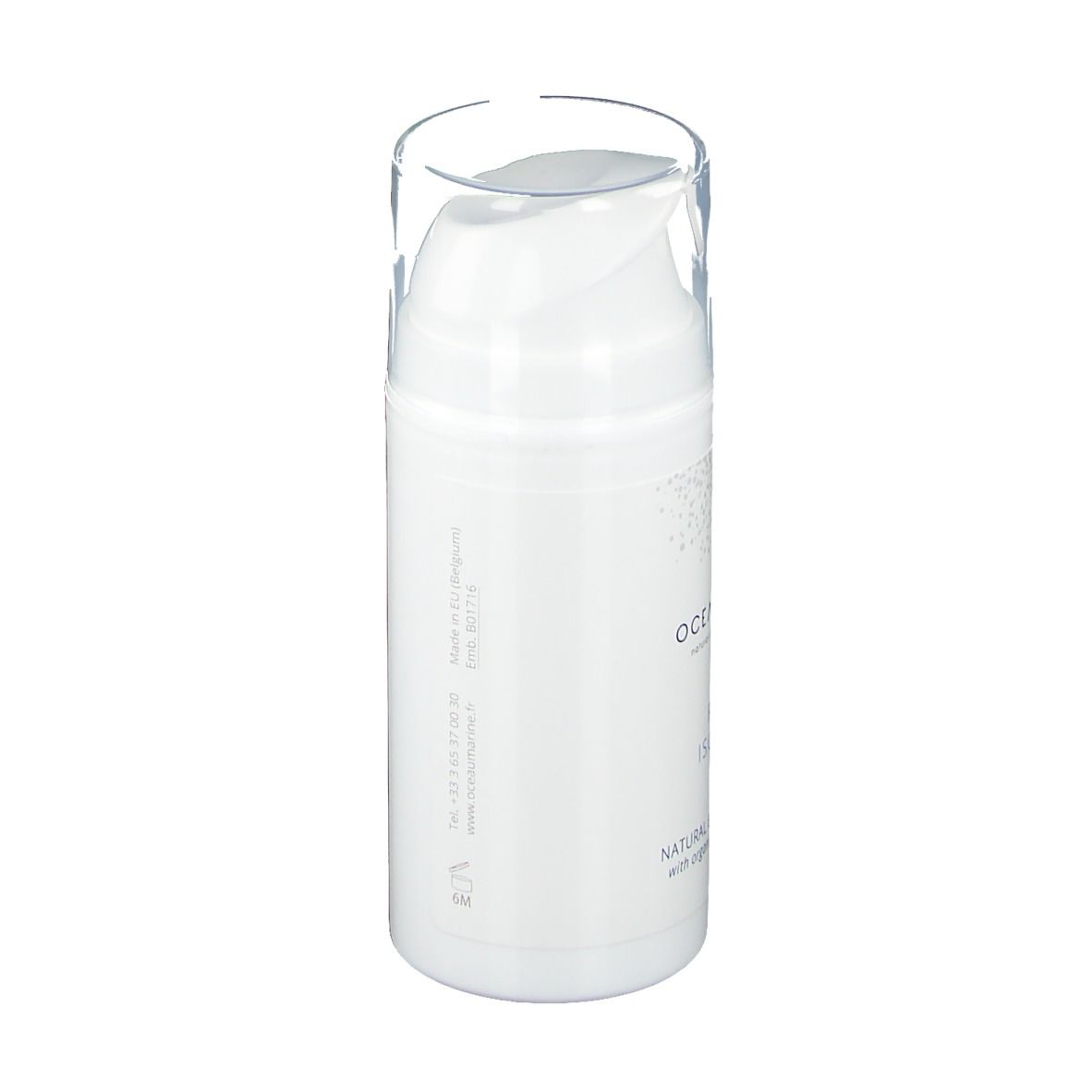 Weiße Flasche mit Pumpkopf und transparenter Kappe. Aufschrift nicht lesbar.