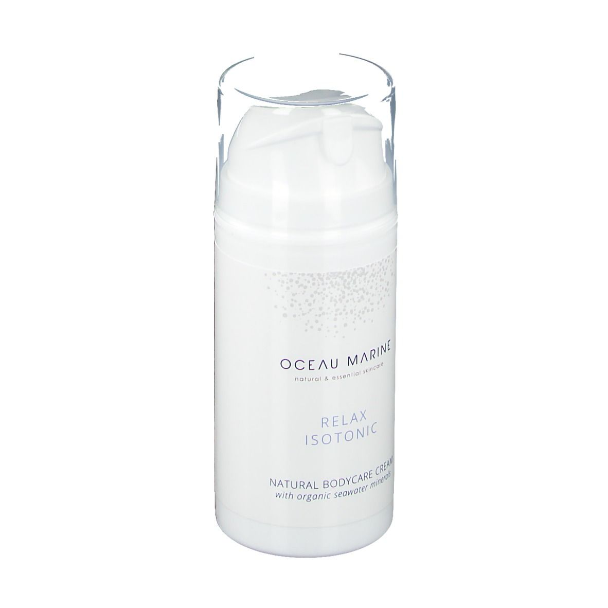 Weiße Flasche mit Pumpkopf. Aufschrift: oceau marine, Relax Isotonic, Natural Bodycare Cream. Transparente Kappe.