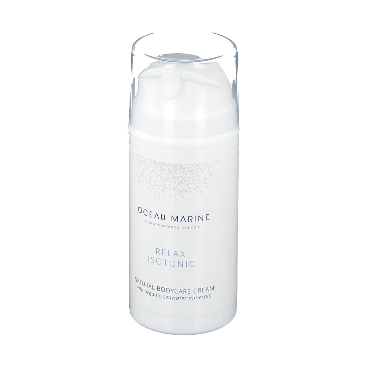 Weiße Flasche mit Pumpkopf. Aufschrift: oceau marine, Relax Isotonic, Natural Bodycare Cream. Transparente Kappe.