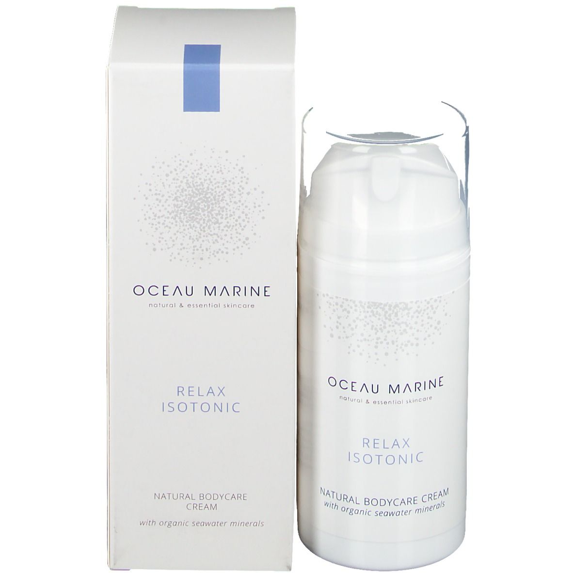Weiße Flasche und Schachtel. Aufschrift: oceau marine, Relax Isotonic, Natural Bodycare Cream. Transparente Kappe.