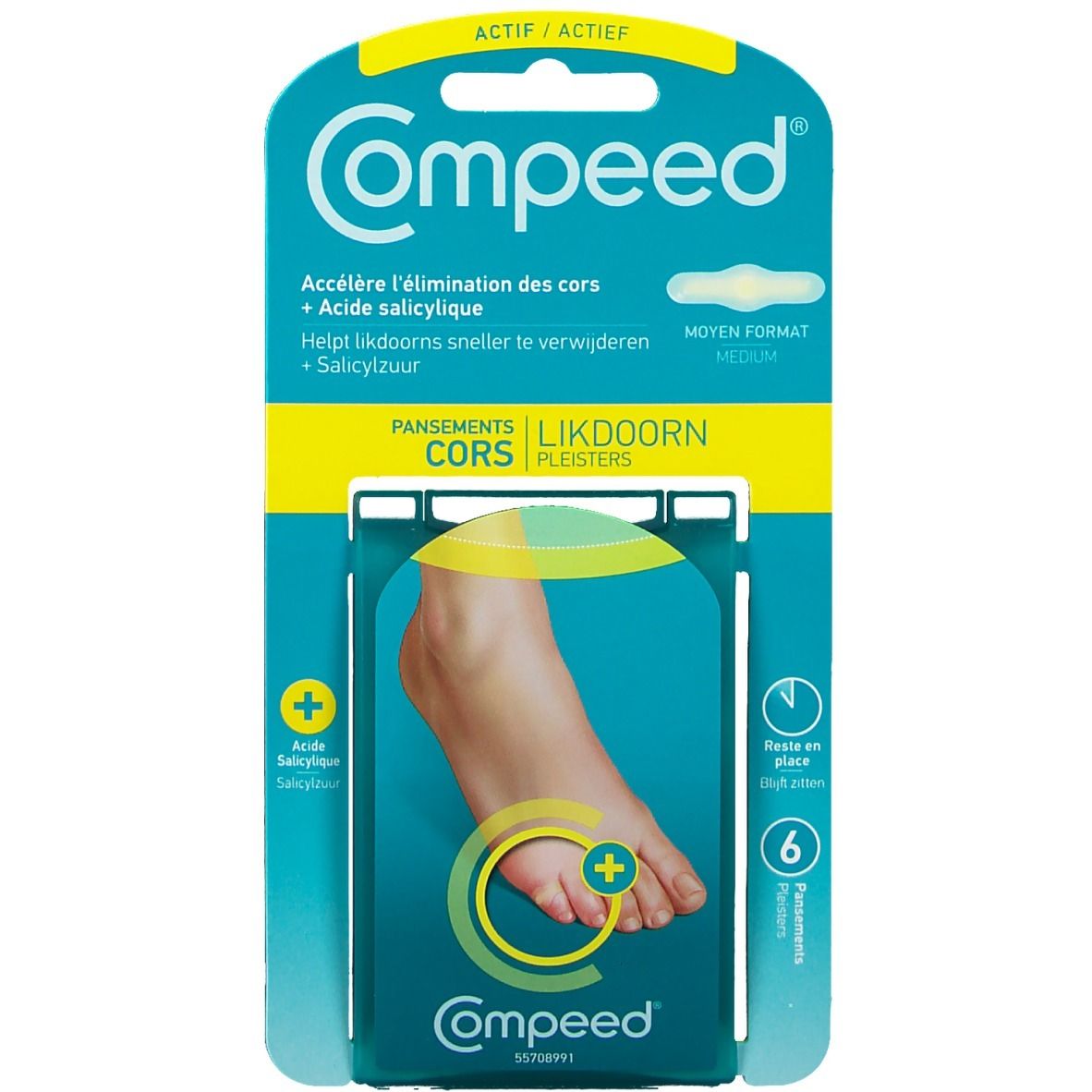 Verpackung mit Compeed® Hühneraugenpflaster Aktiv Medium. Enthält 6 Pflaster. Produktabbildung mit Fuß und Hühnerauge.