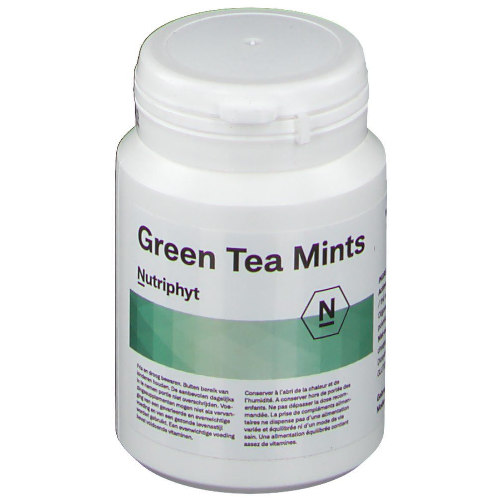 Weiße Flasche mit grünem Etikett. Aufschrift: Green Tea Mints, Nutriphyt. Deckel mit Klappverschluss.