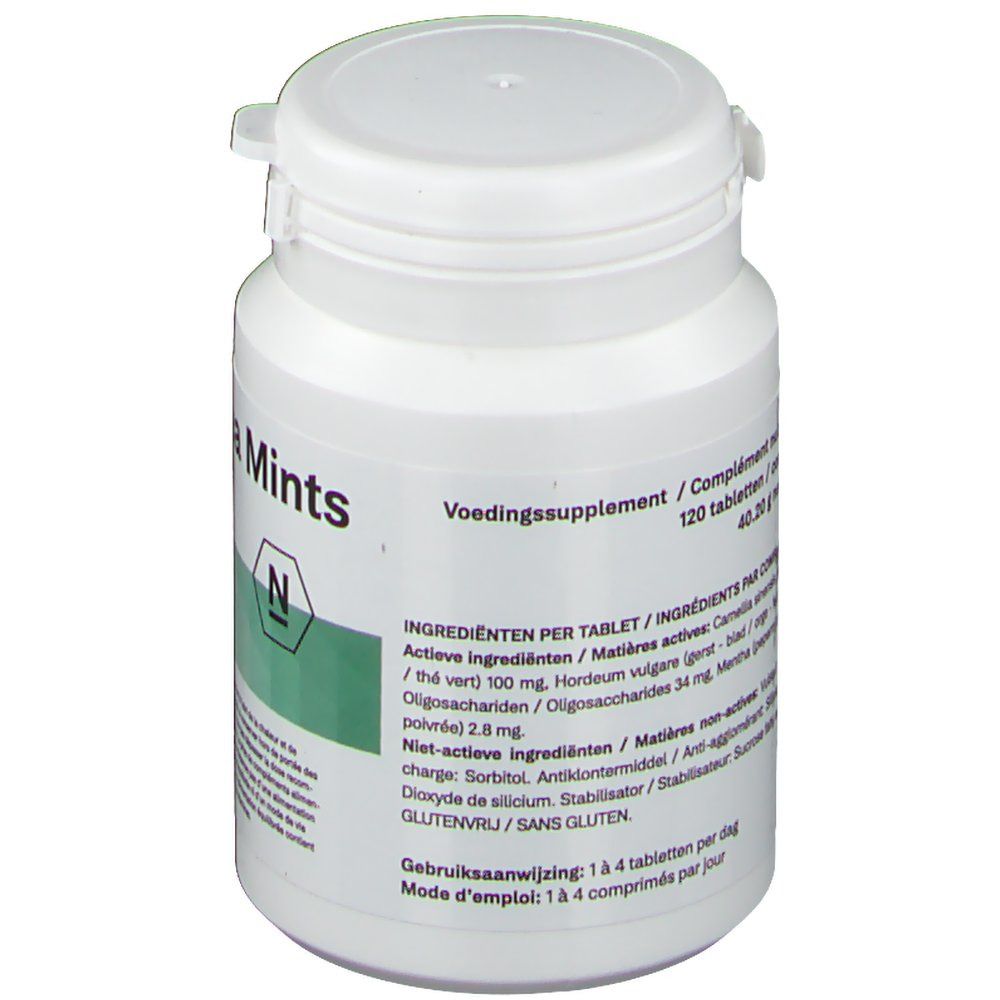 Weiße Flasche mit grünem Etikett. Aufschrift: Voedingssupplement. Zutatenliste. Deckel mit Klappverschluss.