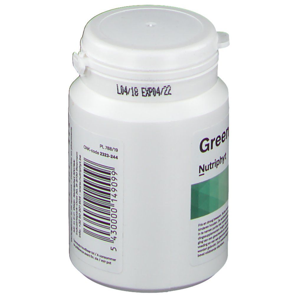 Weiße Flasche mit grünem Etikett. Aufschrift: Green Tea Mints, Nutriphyt. Barcode und Haltbarkeitsdatum. Deckel mit Klappverschluss.