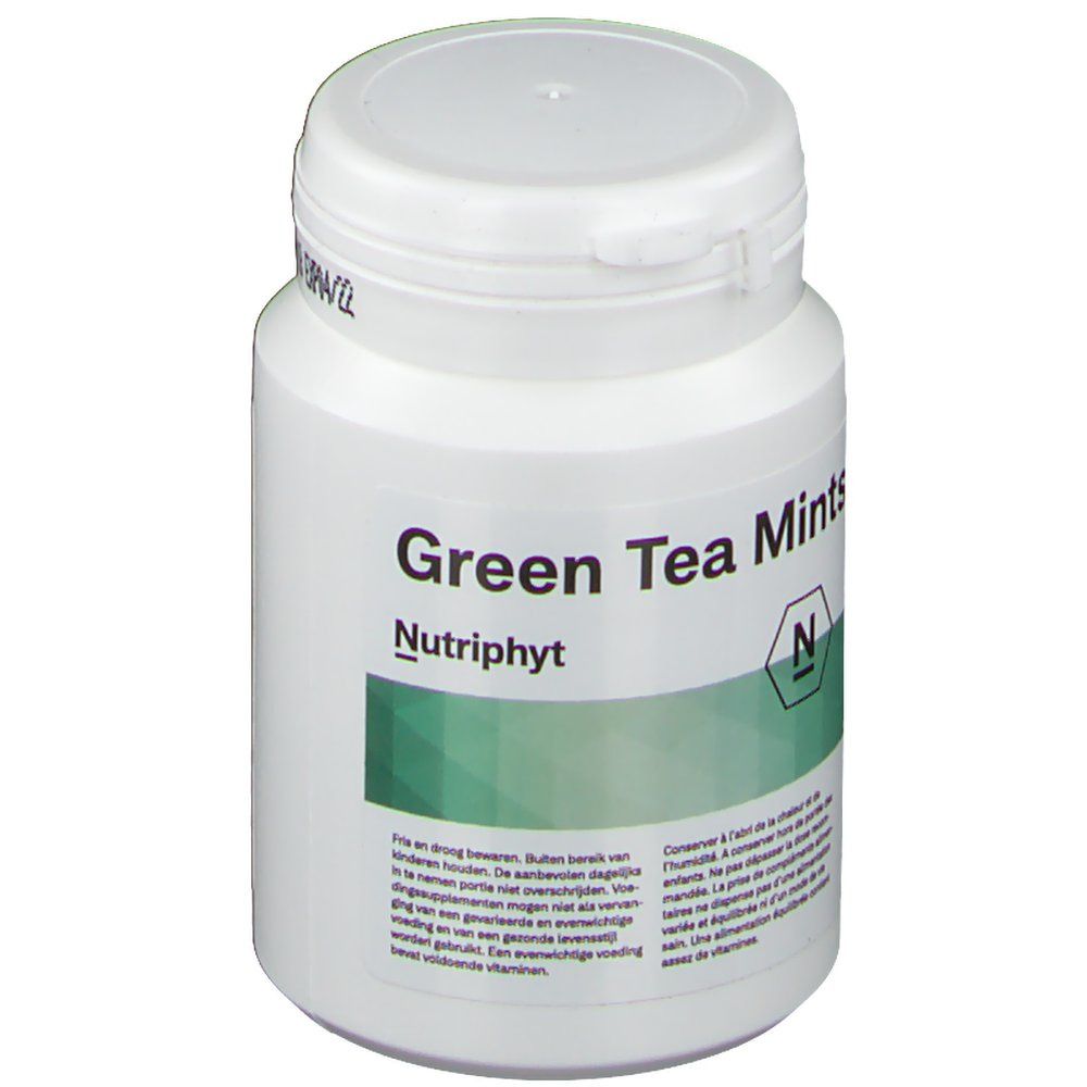 Weiße Flasche mit grünem Etikett. Aufschrift: Green Tea Mints, Nutriphyt. Deckel mit Klappverschluss.