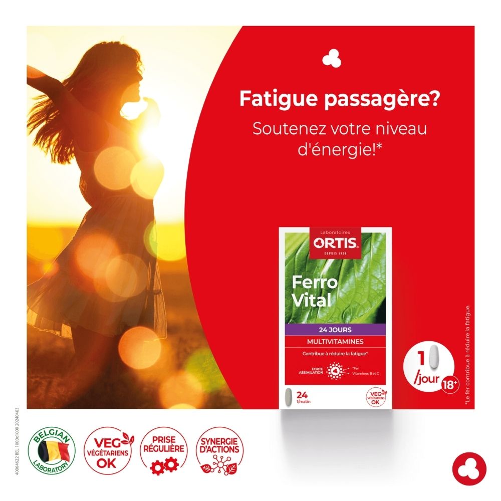 Ortis Ferro Vital Multivitamines, boîte de 24 comprimés, enrichie en fer, vitamines B et C.