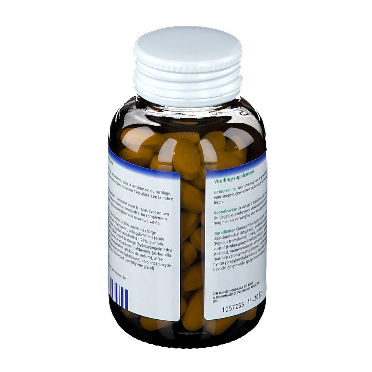 Braune Tabletten in einer braunen Glasflasche mit weißem Deckel. Etikett mit Text.