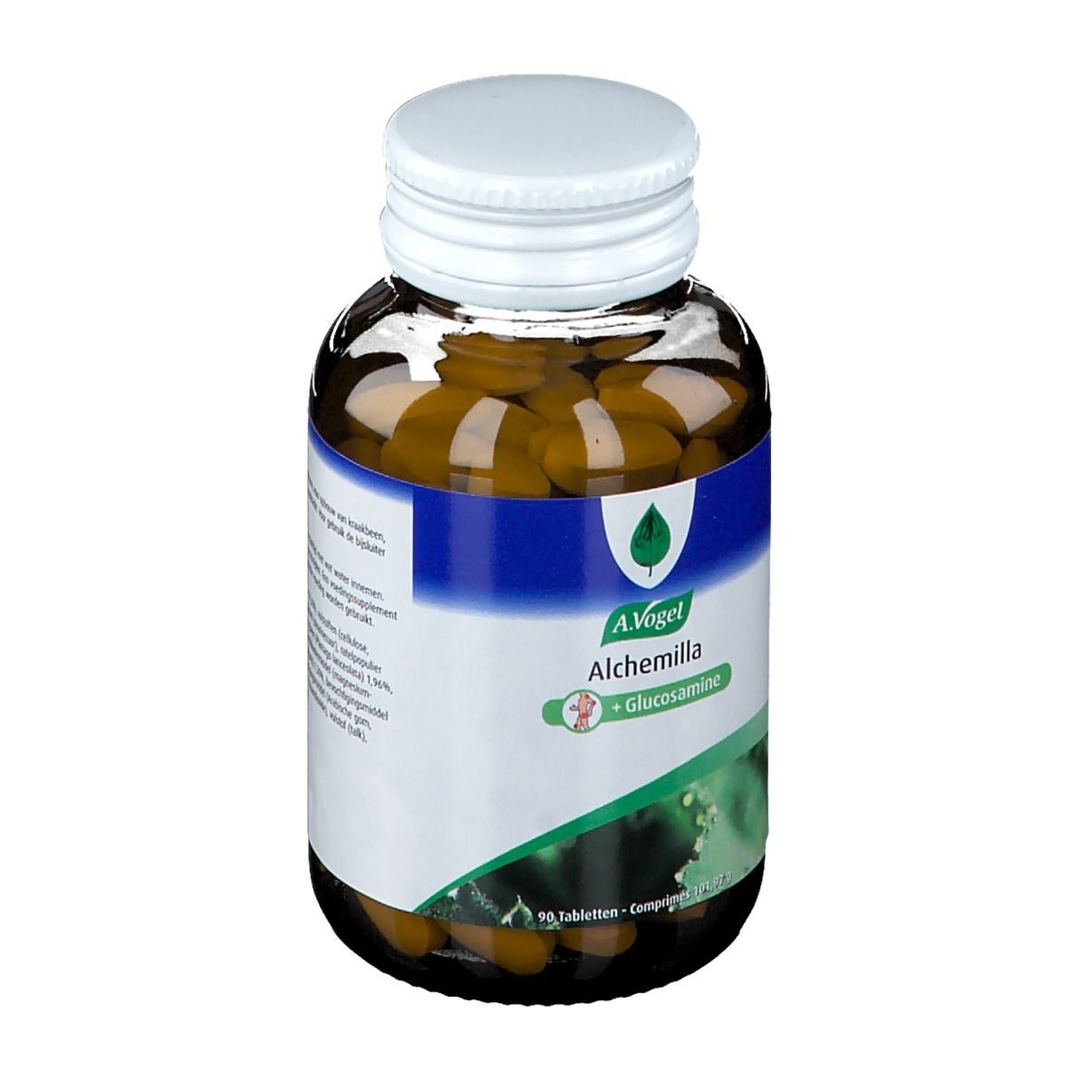 Braune Tabletten in einer braunen Glasflasche mit weißem Deckel. Aufschrift: A.Vogel Alchemilla + Glucosamine.