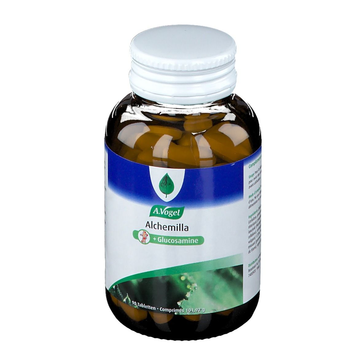 Braune Tabletten in einer braunen Glasflasche mit weißem Deckel. Aufschrift: A.Vogel Alchemilla + Glucosamine.