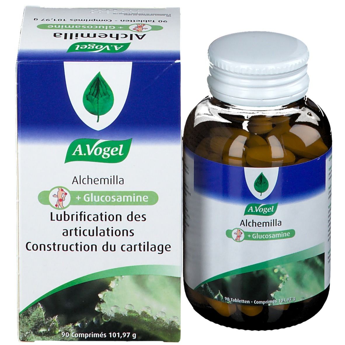 Braune Tabletten in einer braunen Glasflasche und Schachtel. Aufschrift: A.Vogel Alchemilla + Glucosamine.