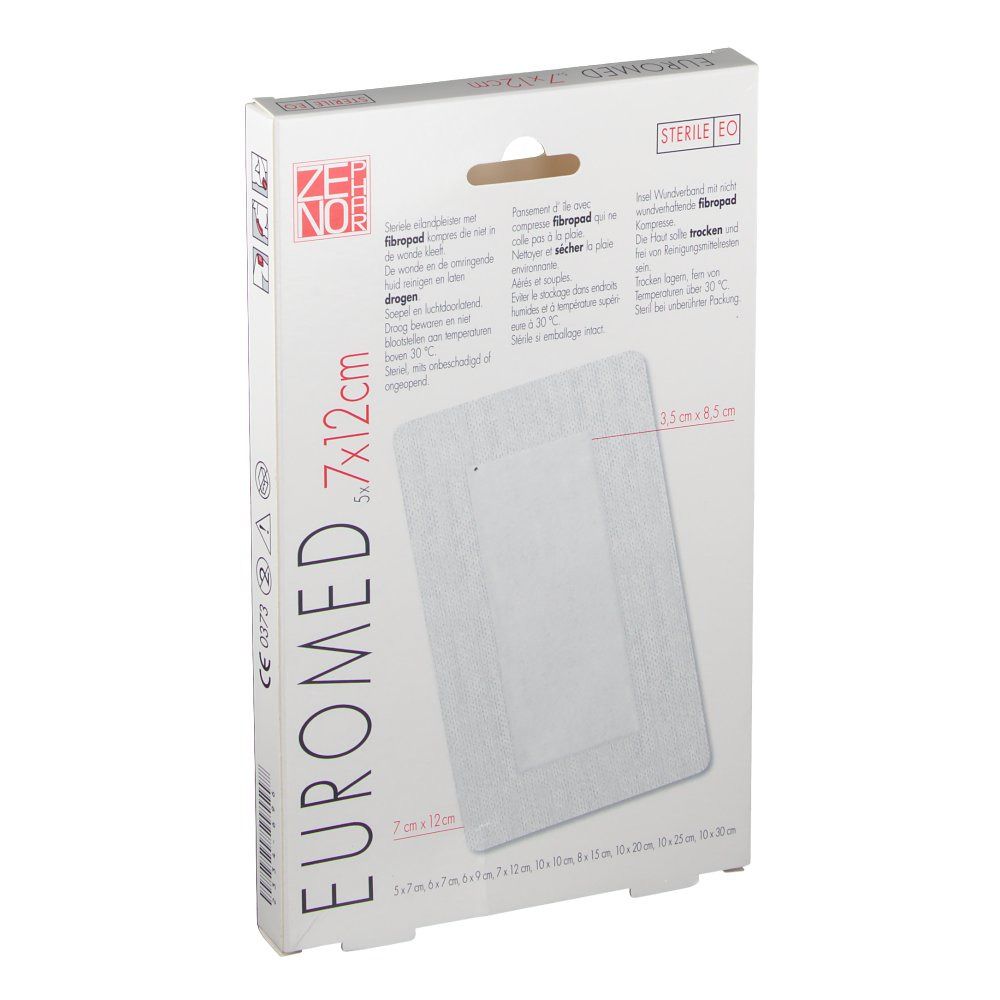 Verpackung mit Pflastern. Aufdruck: EUROMED, 7x12cm, 5 Stück. Sterile Verpackung.