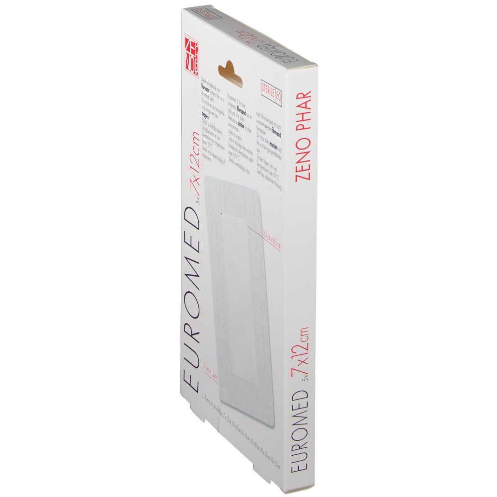 Verpackung mit Pflastern. Aufdruck: EUROMED, 7x12cm. Logo ZENO PHAR.