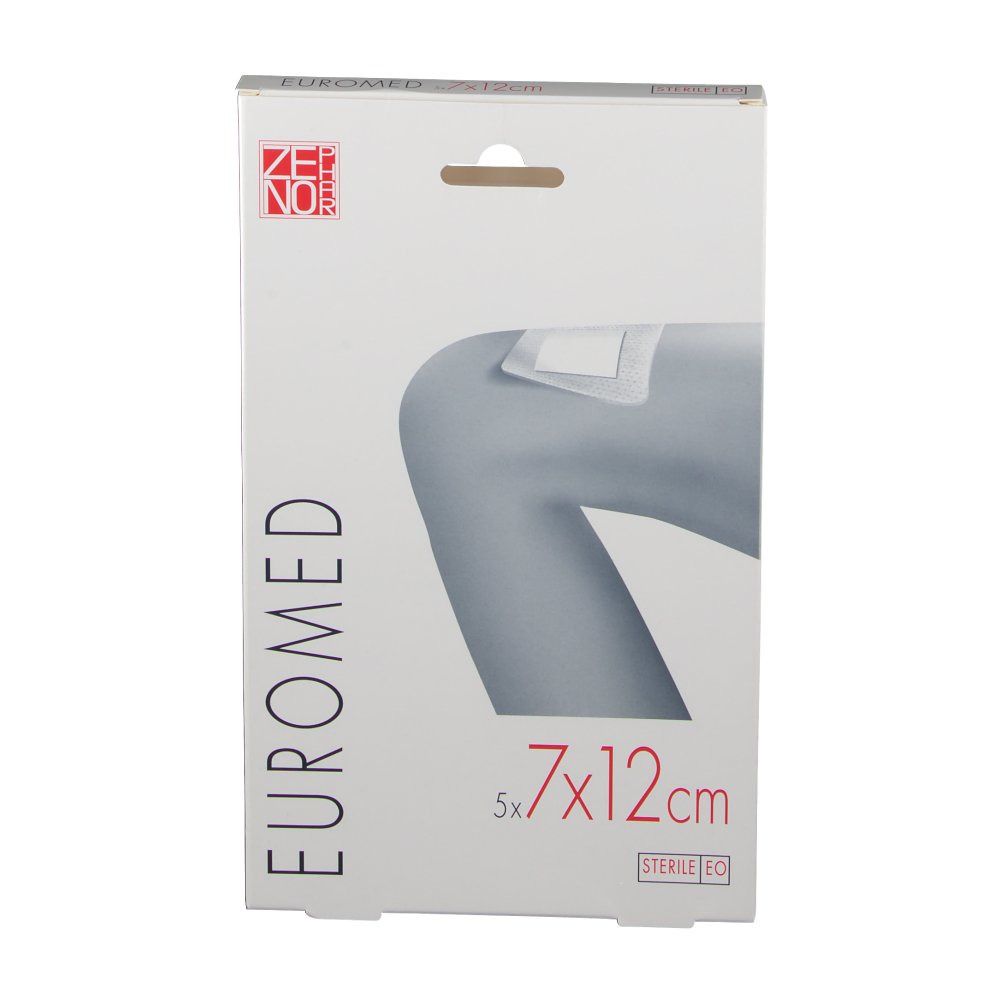 Verpackung mit Pflastern. Aufdruck: EUROMED, 7x12cm, 5 Stück. Sterile Verpackung.