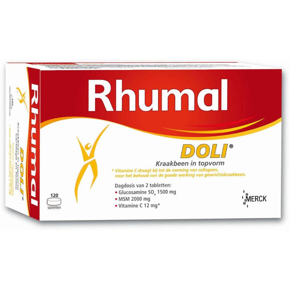 Verpackung von Rhumal Doli®. Rote und weiße Schachtel mit Produktnamen und Inhaltsstoffen. 120 Tabletten.