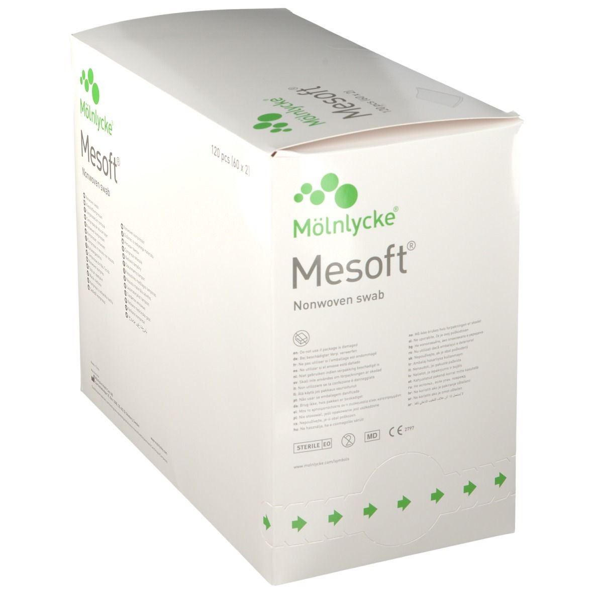 Mesoft®-Verpackung. Weiße Box mit grünem Logo und Produktbezeichnung. Größe 10 x 20 cm.